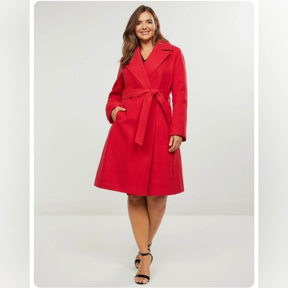 Fabulous Lane Bryant red faux fur trim belted coat